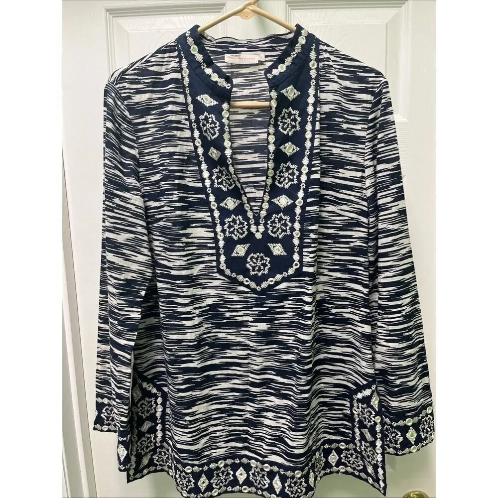 Tory Burch V-Neck Long Sleeve Mockneck Side Slit Mirror Accent Tunic Top Size 10